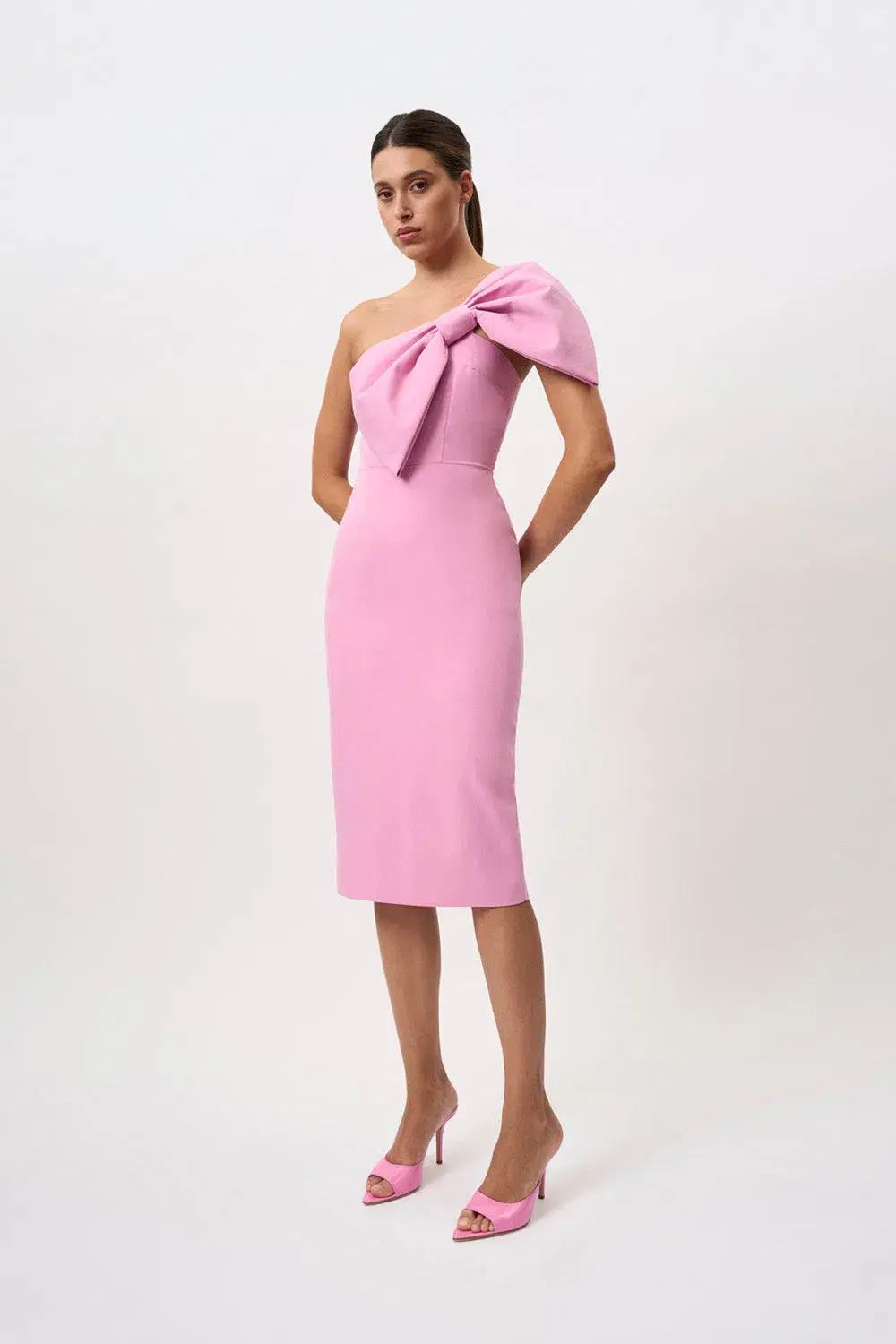 By Johnny Bridget Bow Midi Dress Taffy Pink Size 8 - Image 1