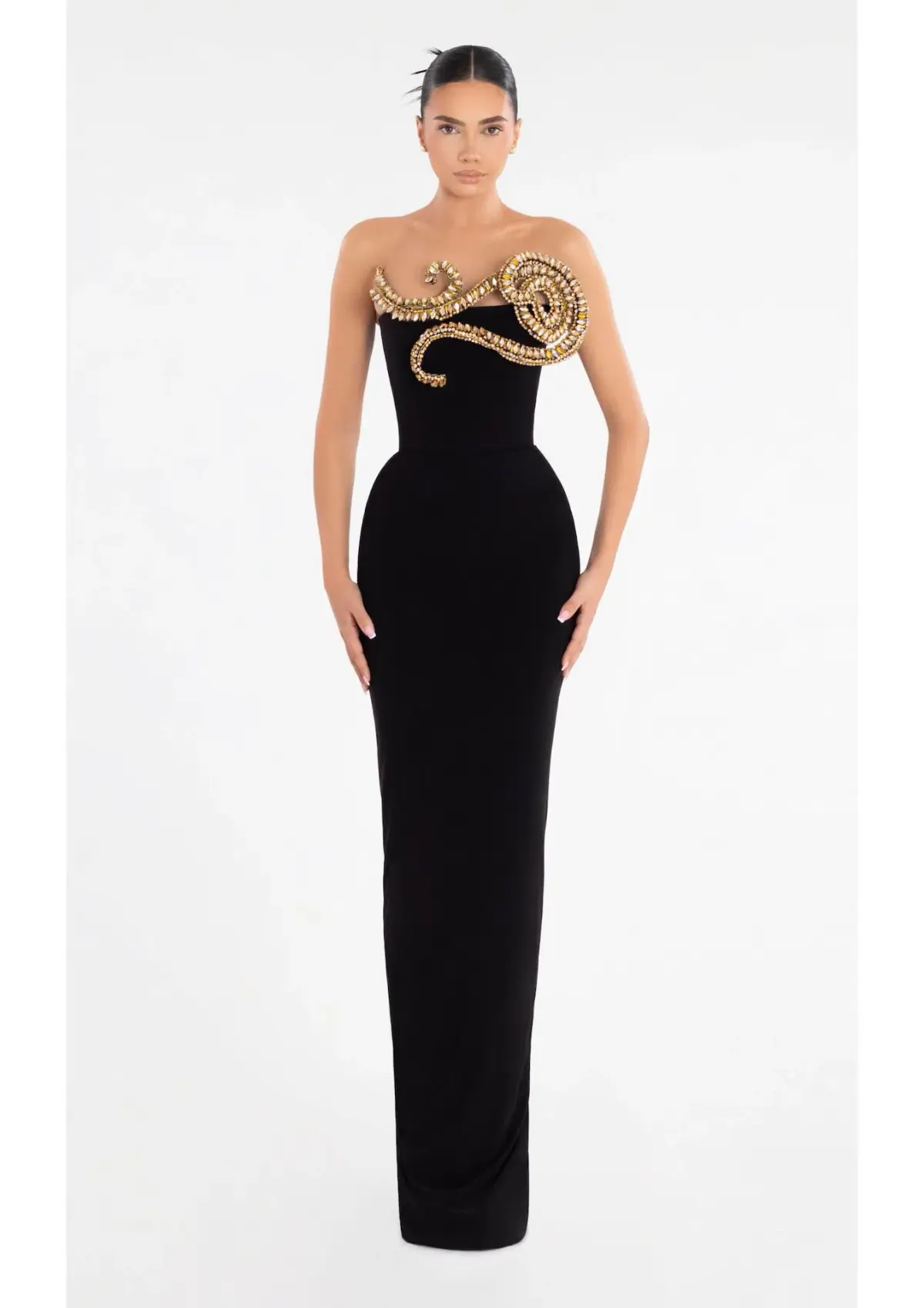 Albina Dyla Evening Dress Black with Gold Embellishment Size 8 - Image 1