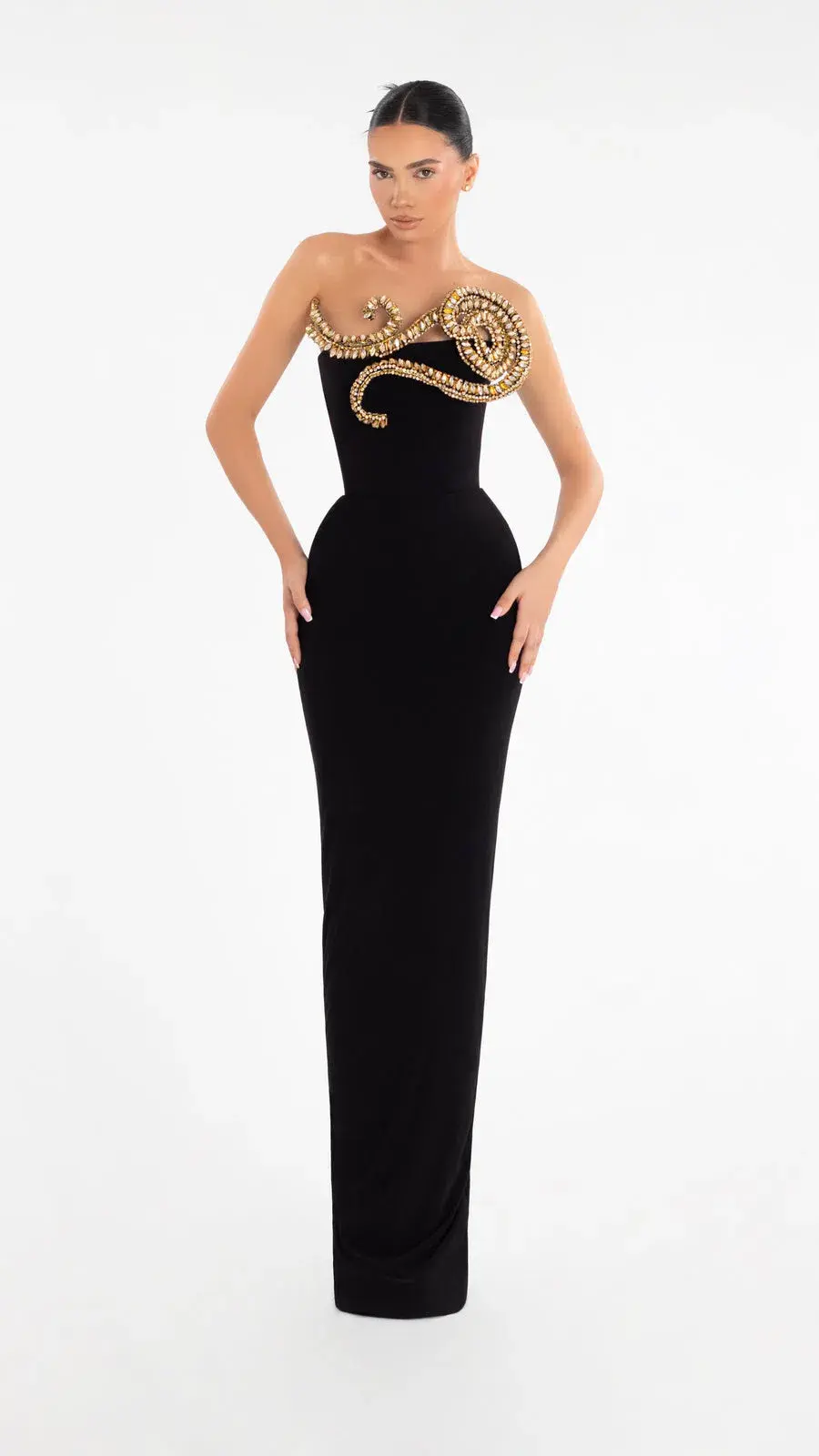 Albina Dyla Evening Dress Black with Gold Embellishment Size 8 - Image 2