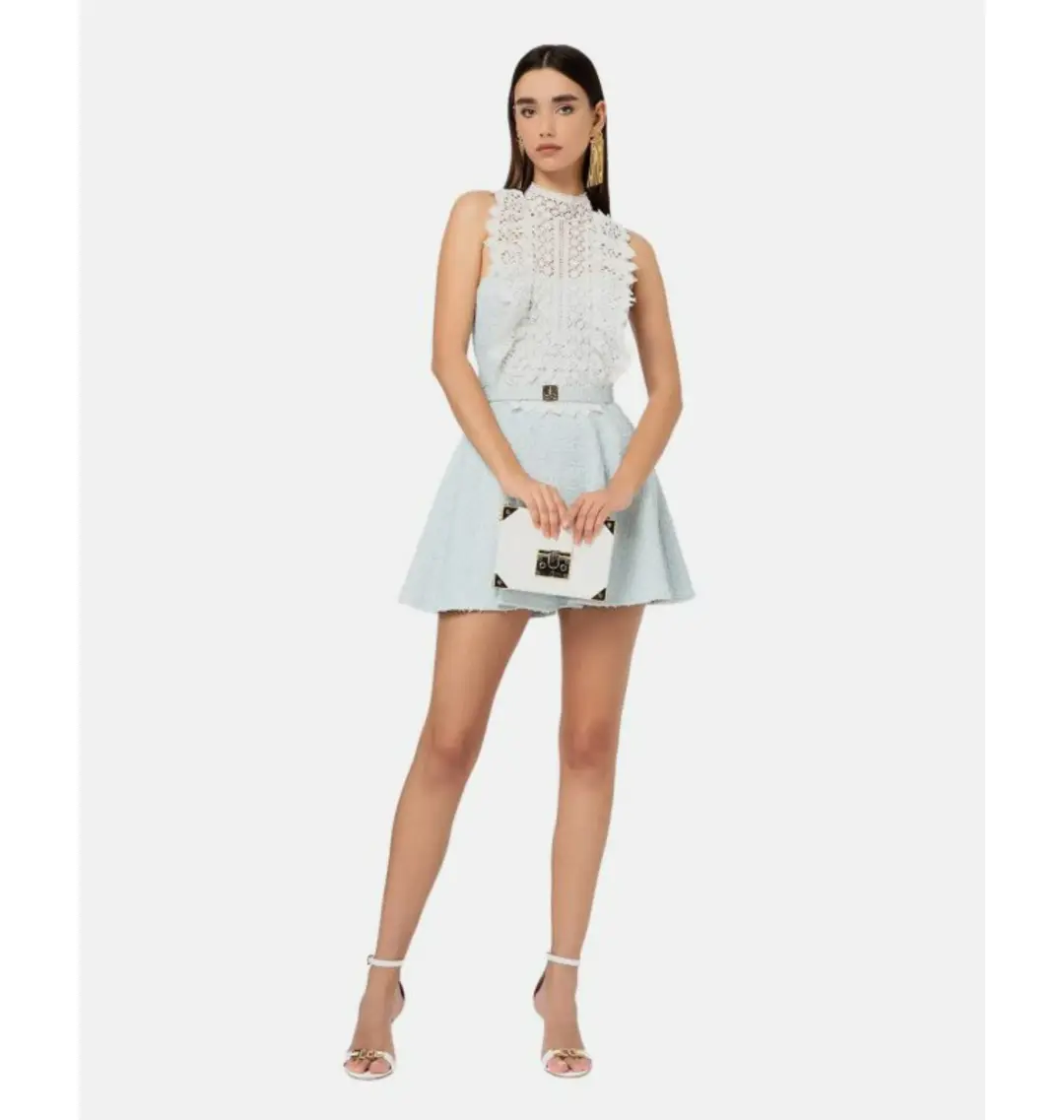 Elisabetta Franchi Lace Neck Short Dress Blue Size 0 / AU 6, Italian 38 for rent on The Volte - main image