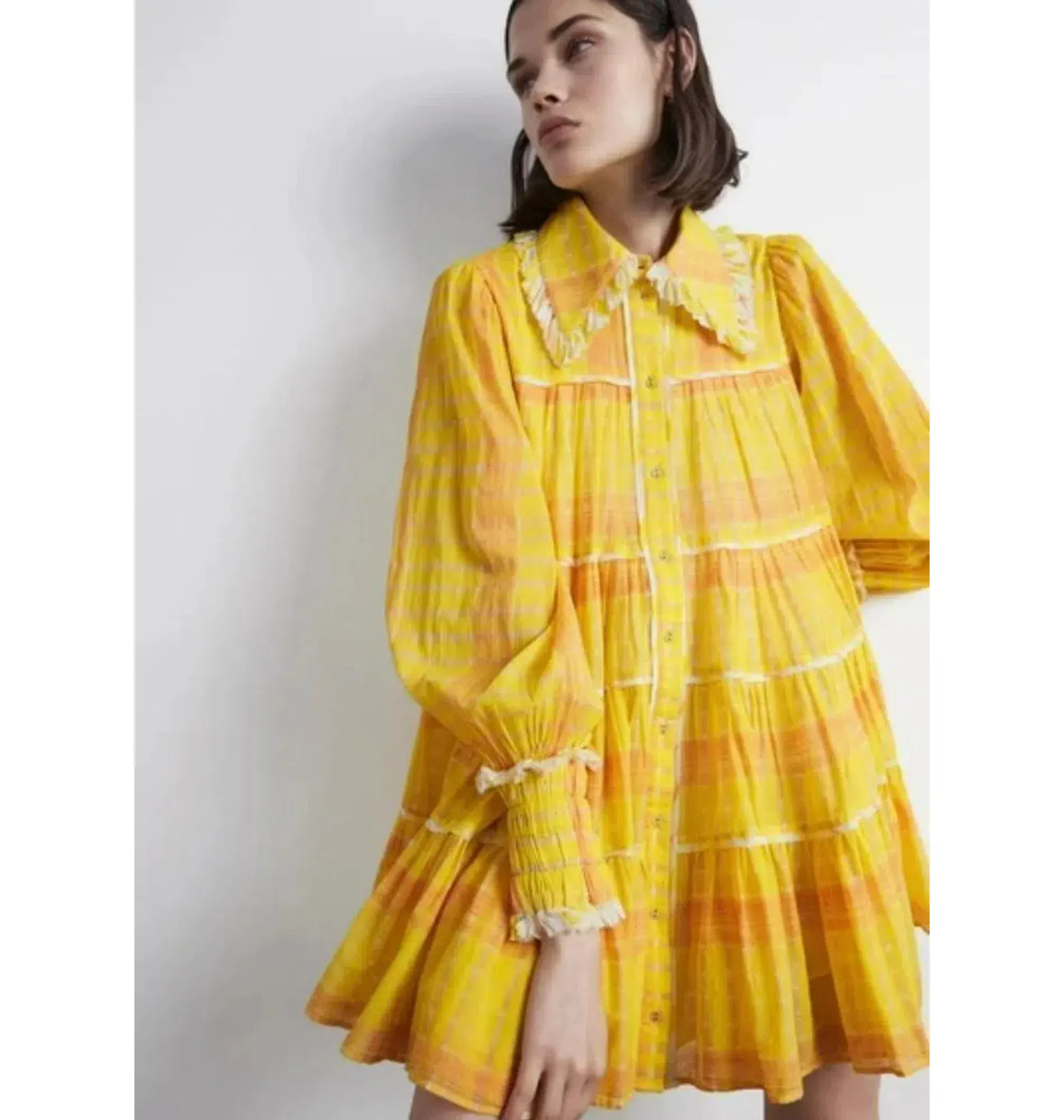 Aje Wilderness Smock Dress Yellow Check Size AU 6 - Image 2