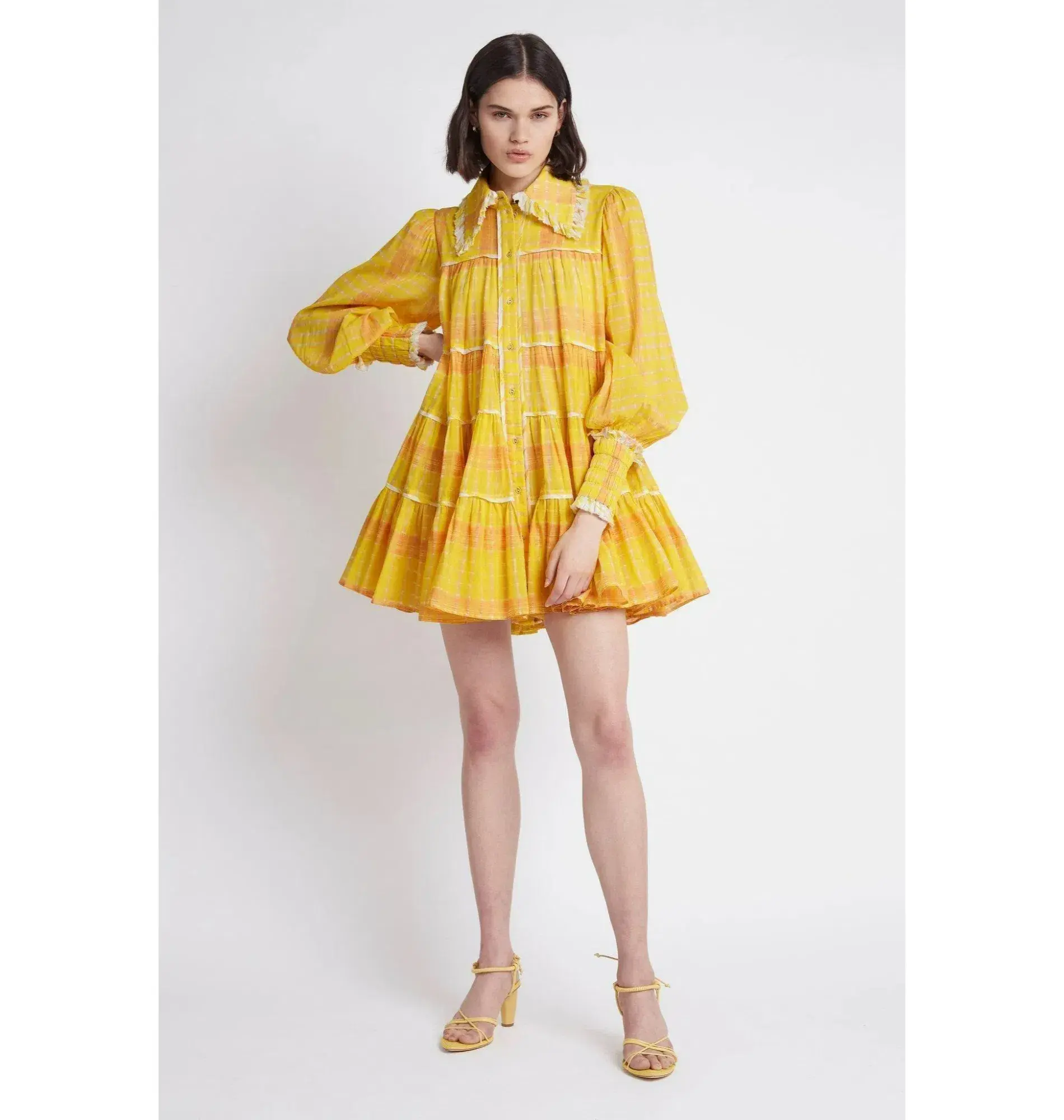 Aje Wilderness Smock Dress Yellow Check Size AU 6 - Image 1