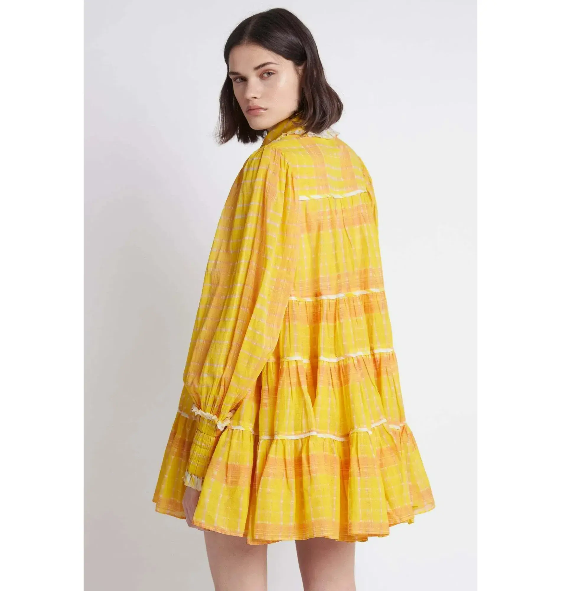 Aje Wilderness Smock Dress Yellow Check Size AU 6 - Image 3