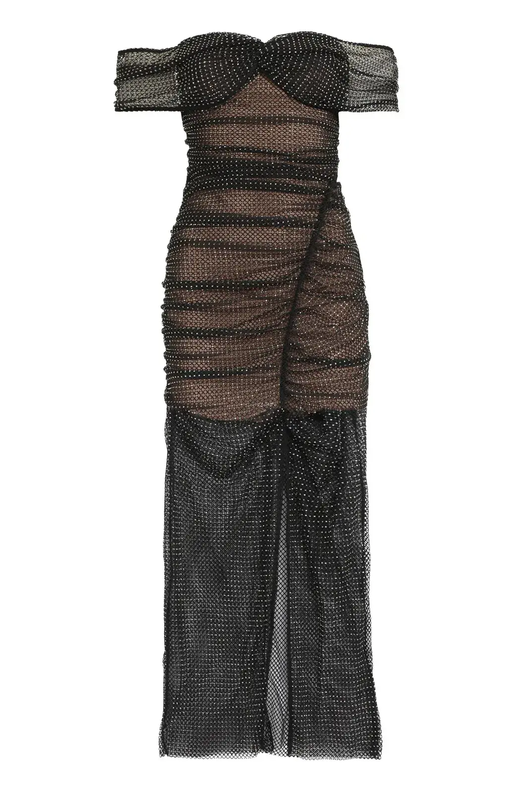 Self Portrait Diamante Fishnet Off Shoulder Midi Dress Black Size 10 for rent on The Volte - main image