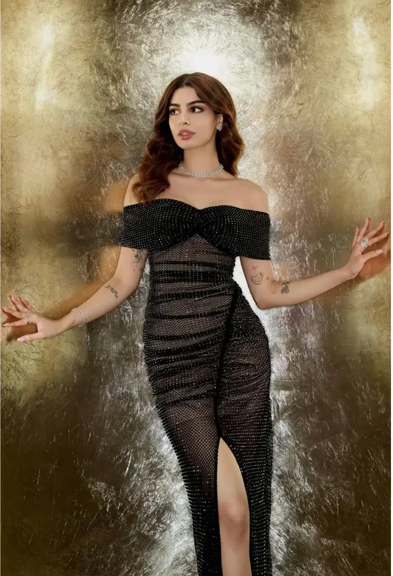 Self Portrait Diamante Fishnet Off Shoulder Midi Dress Black Size 10 for rent on The Volte - main image