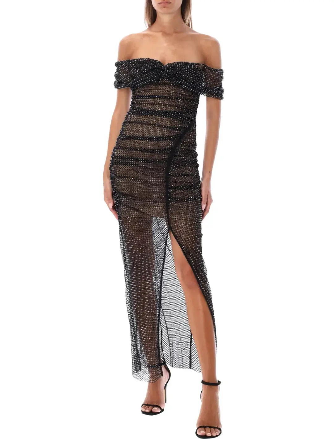 Self Portrait Diamante Fishnet Off Shoulder Midi Dress Black Size 10 for rent on The Volte - main image