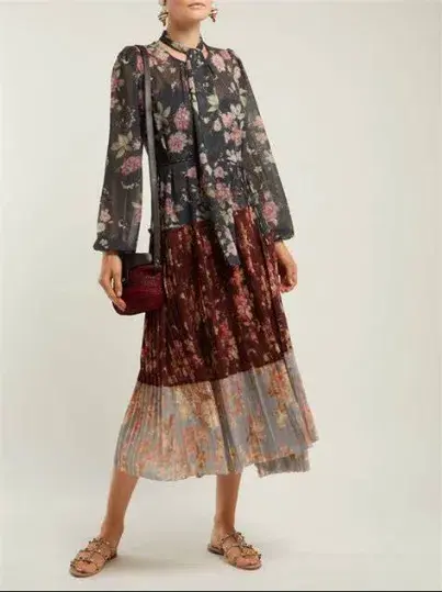 Zimmermann Unbridled Pleated Midi Dress Spliced Floral Print Size 1 / AU 10 - Image 3