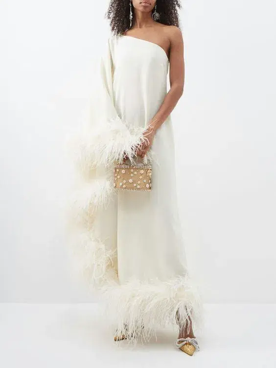 Taller Marmo Ubud One Shoulder Feather Trimmed Crepe Maxi Dress Ivory Size 38 / AU 6 - Image 4