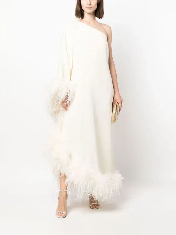 Taller Marmo Ubud One Shoulder Feather Trimmed Crepe Maxi Dress Ivory Size 38 / AU 6 - Image 6