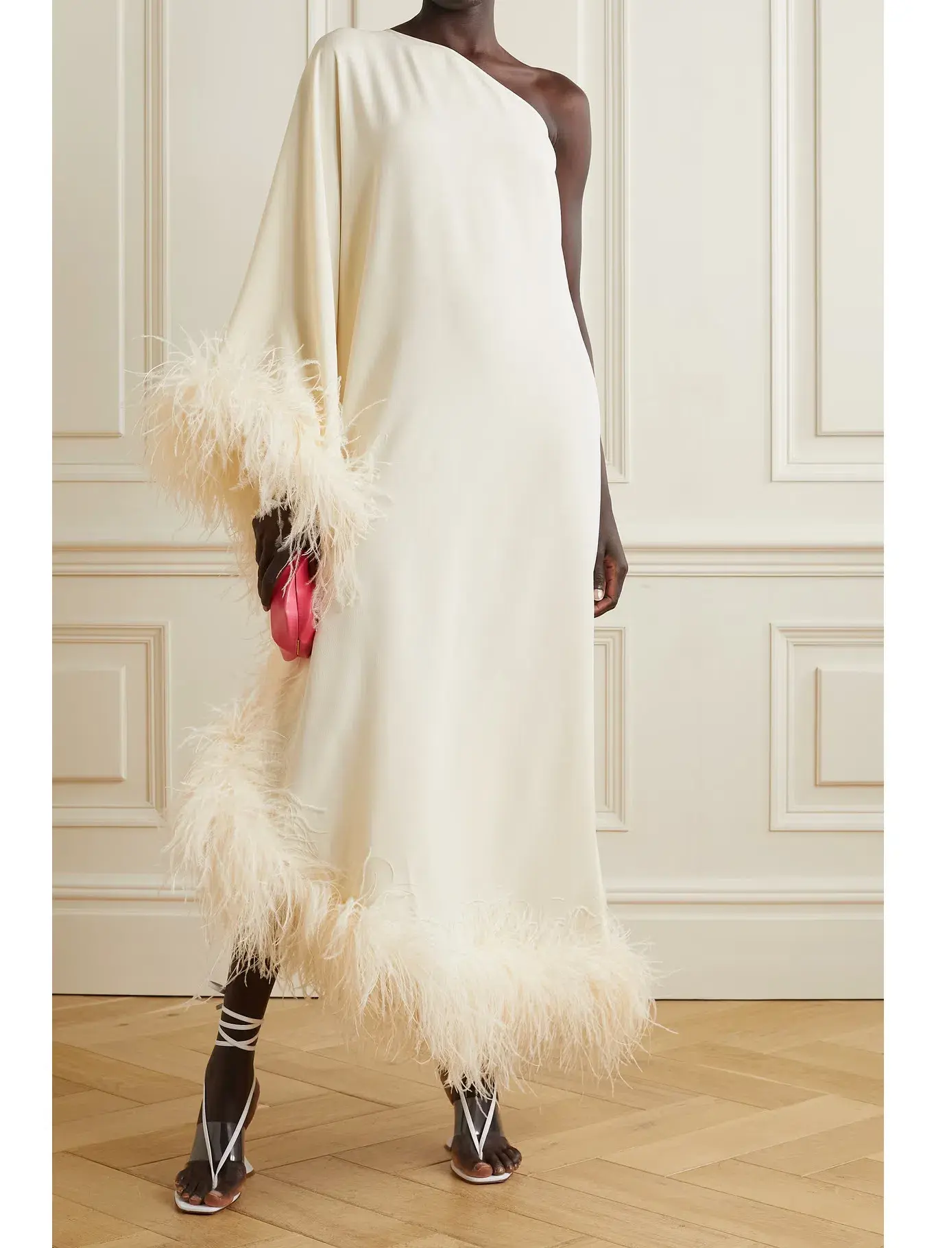 Taller Marmo Ubud One Shoulder Feather Trimmed Crepe Maxi Dress Ivory Size 38 / AU 6 - Image 2