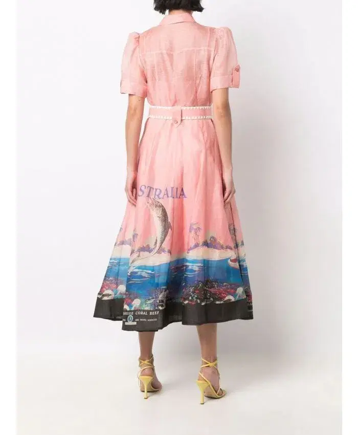 Zimmermann The Postcard Shirt Midi Dress Resort Coral Reef Print  Size 0/Au 8  - Image 2
