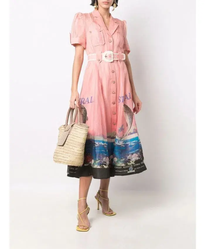 Zimmermann The Postcard Shirt Midi Dress Resort Coral Reef Print  Size 0/Au 8  - Image 1