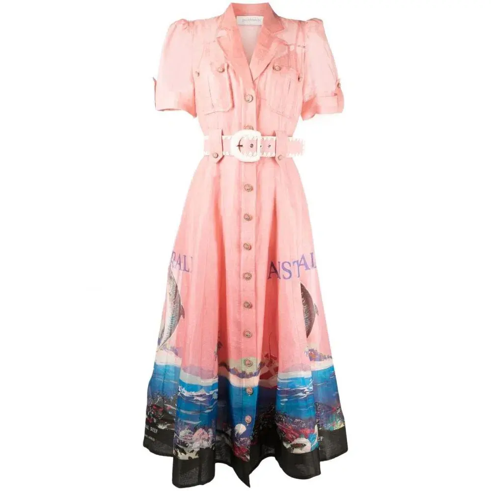 Zimmermann The Postcard Shirt Midi Dress Resort Coral Reef Print  Size 0/Au 8  - Image 3