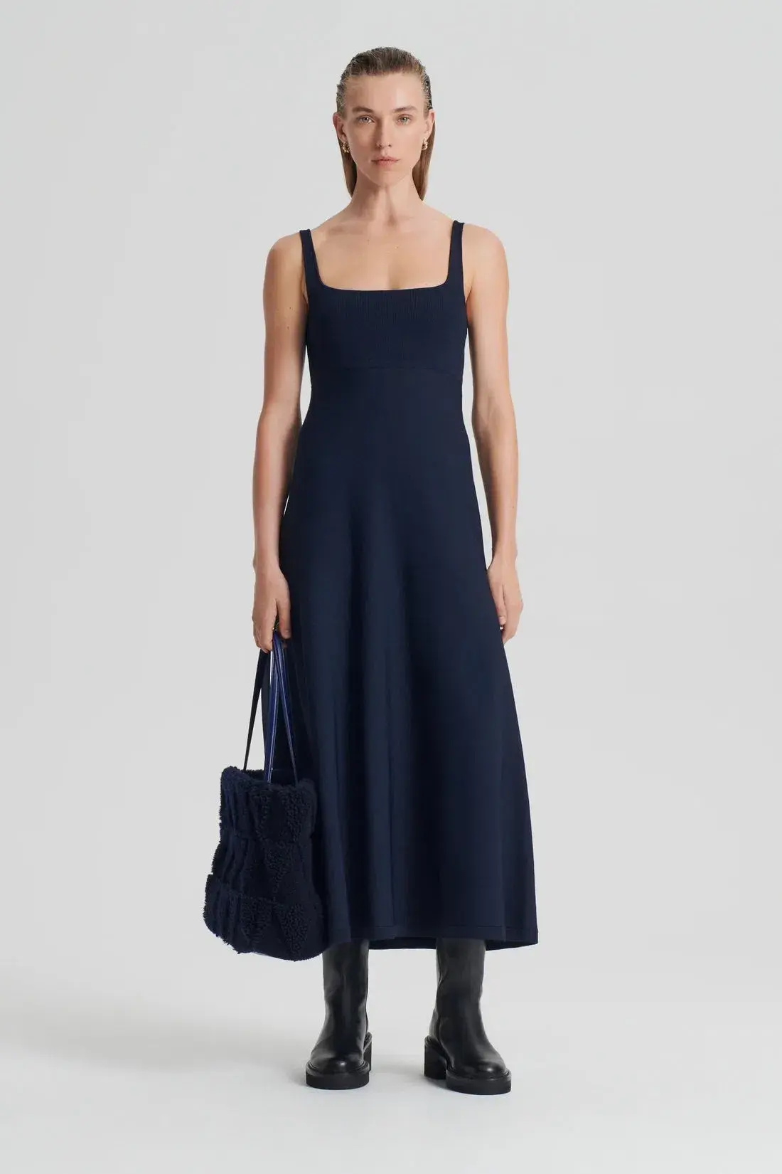 Scanlan Theodore Crepe Knit Square Neck Dress Navy Size XS/Au 8 - Image 1