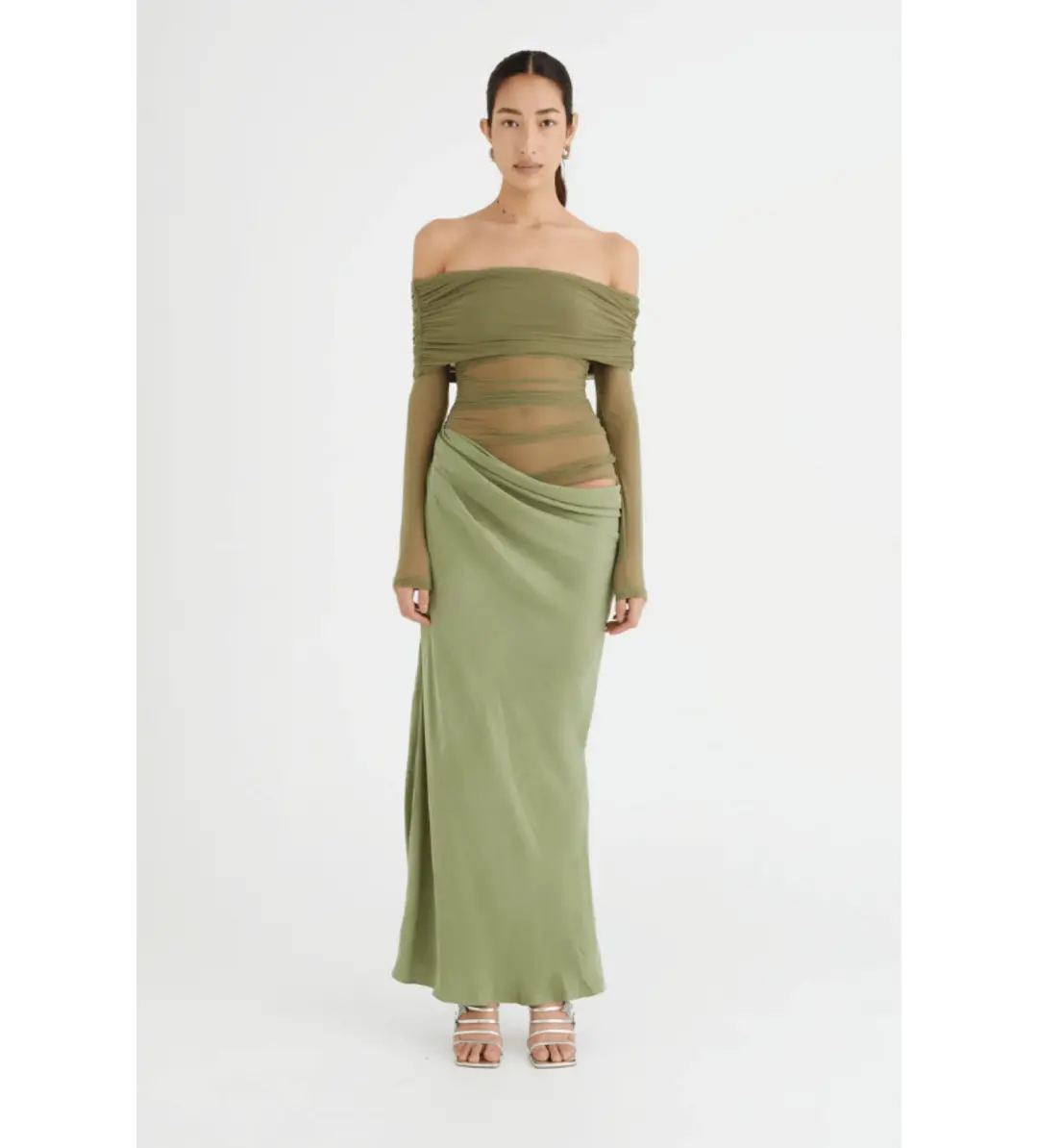 Benni Yasmin Off-Shoulder Maxi Dress in Pistachio Size 6 for rent on The Volte - main image