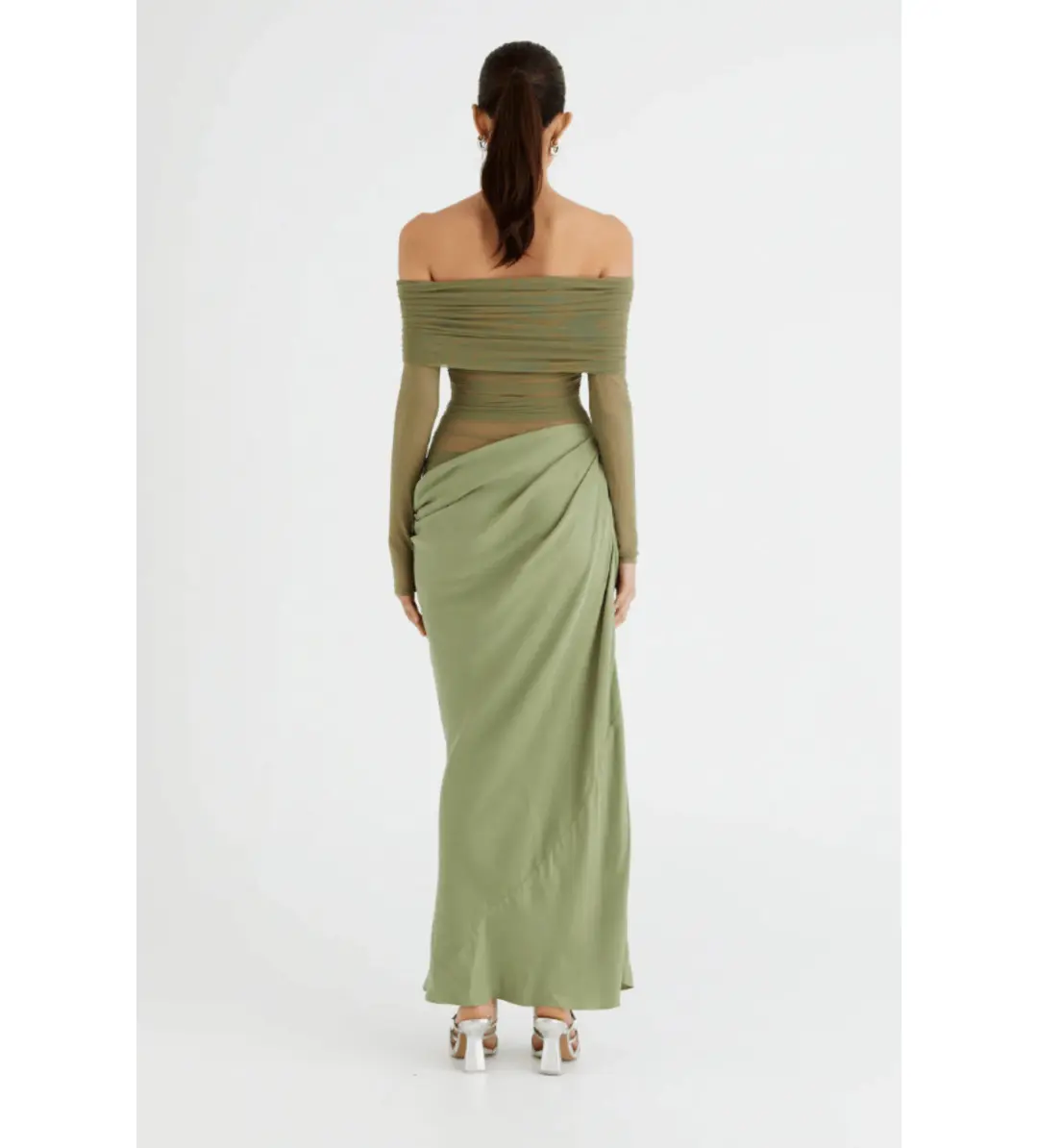 Benni Yasmin Off-Shoulder Maxi Dress in Pistachio Size 6 for rent on The Volte - main image