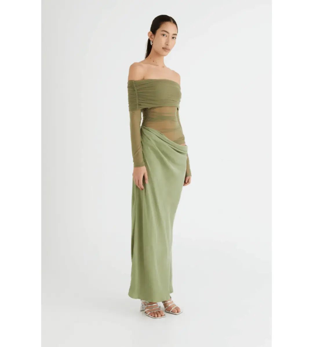 Benni Yasmin Off-Shoulder Maxi Dress in Pistachio Size 6 for rent on The Volte - main image