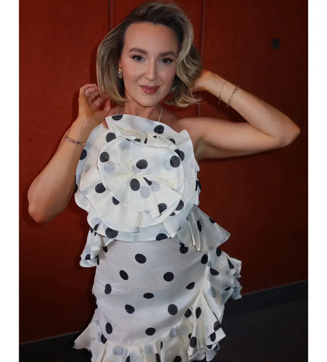 Zimmermann The Crush Ruffle Halter Mini Dress in Cream/Black Dot Size 1 / AU 10  for rent on The Volte - main image