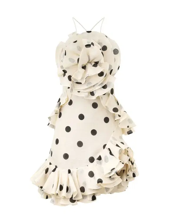 Zimmermann The Crush Ruffle Halter Mini Dress in Cream/Black Dot Size 0 / AU 8 for rent on The Volte - main image