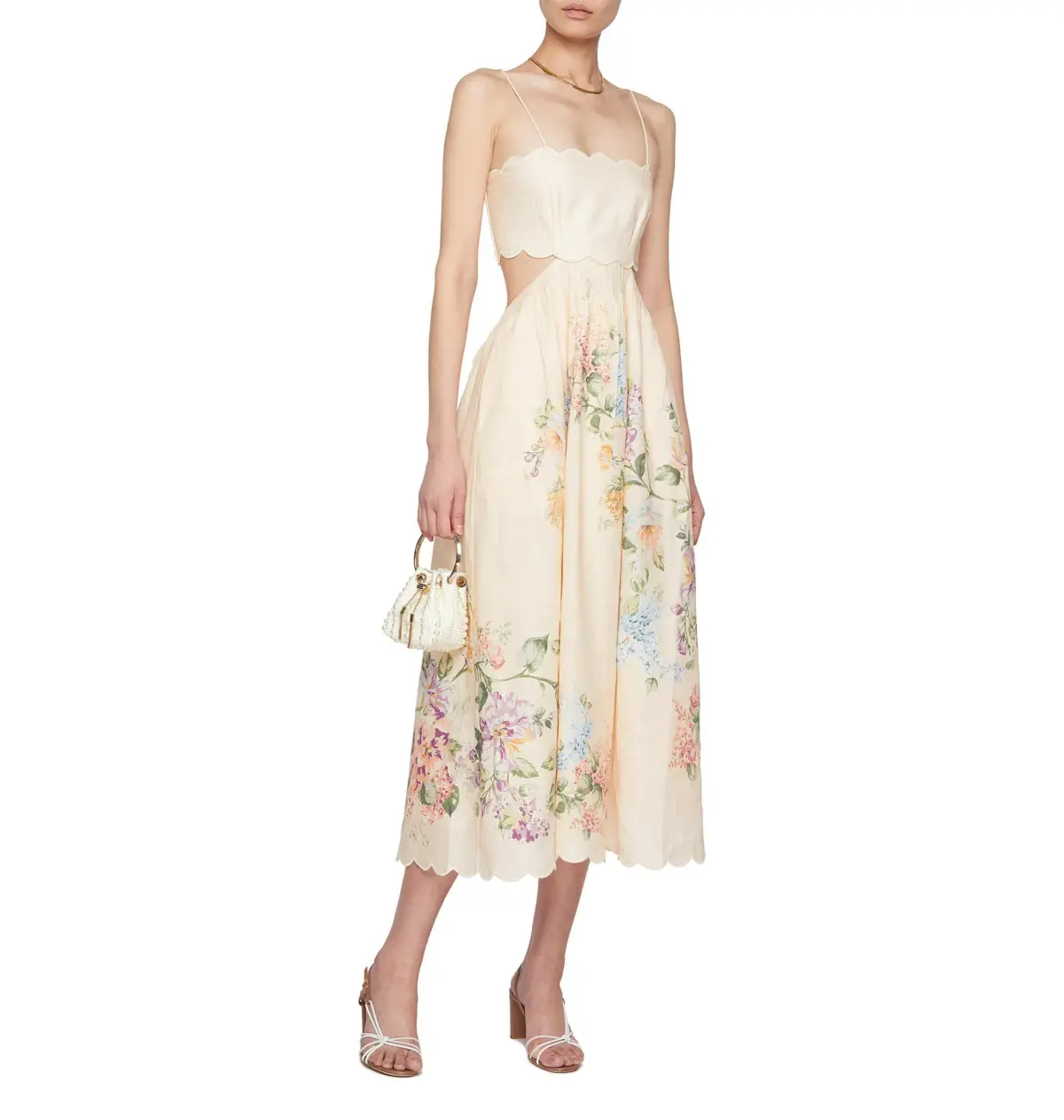 Zimmermann Halliday Scallop Midi Dress In Cream Watercolour Floral Size 3 / AU 14 - Image 3