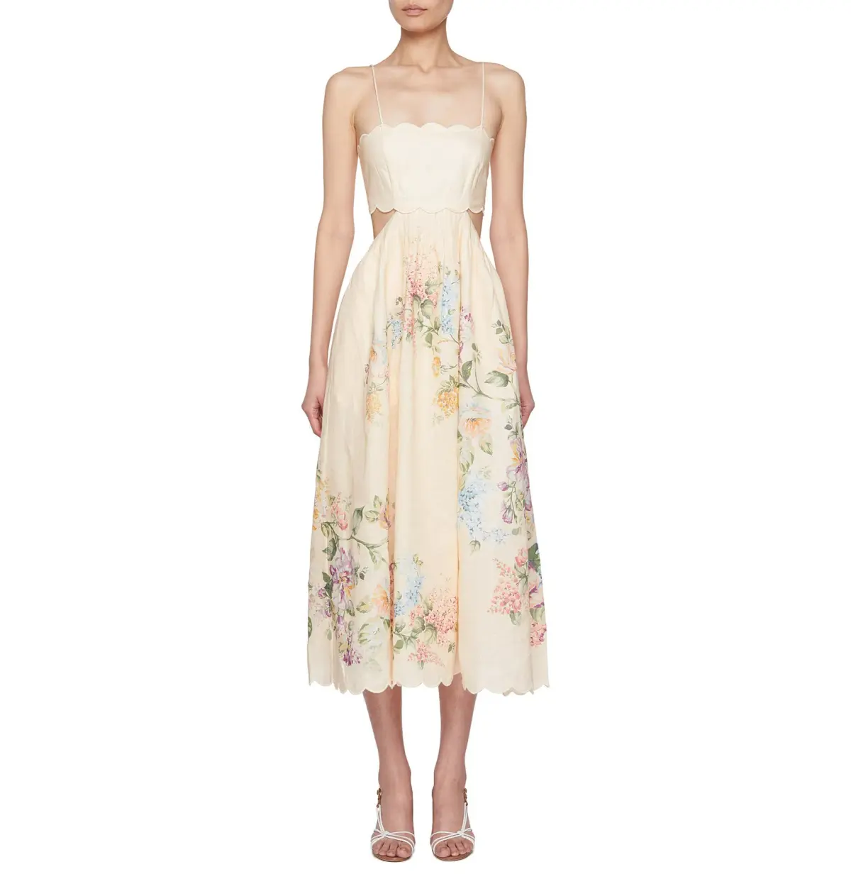 Zimmermann Halliday Scallop Midi Dress In Cream Watercolour Floral Size 3 / AU 14 - Image 2
