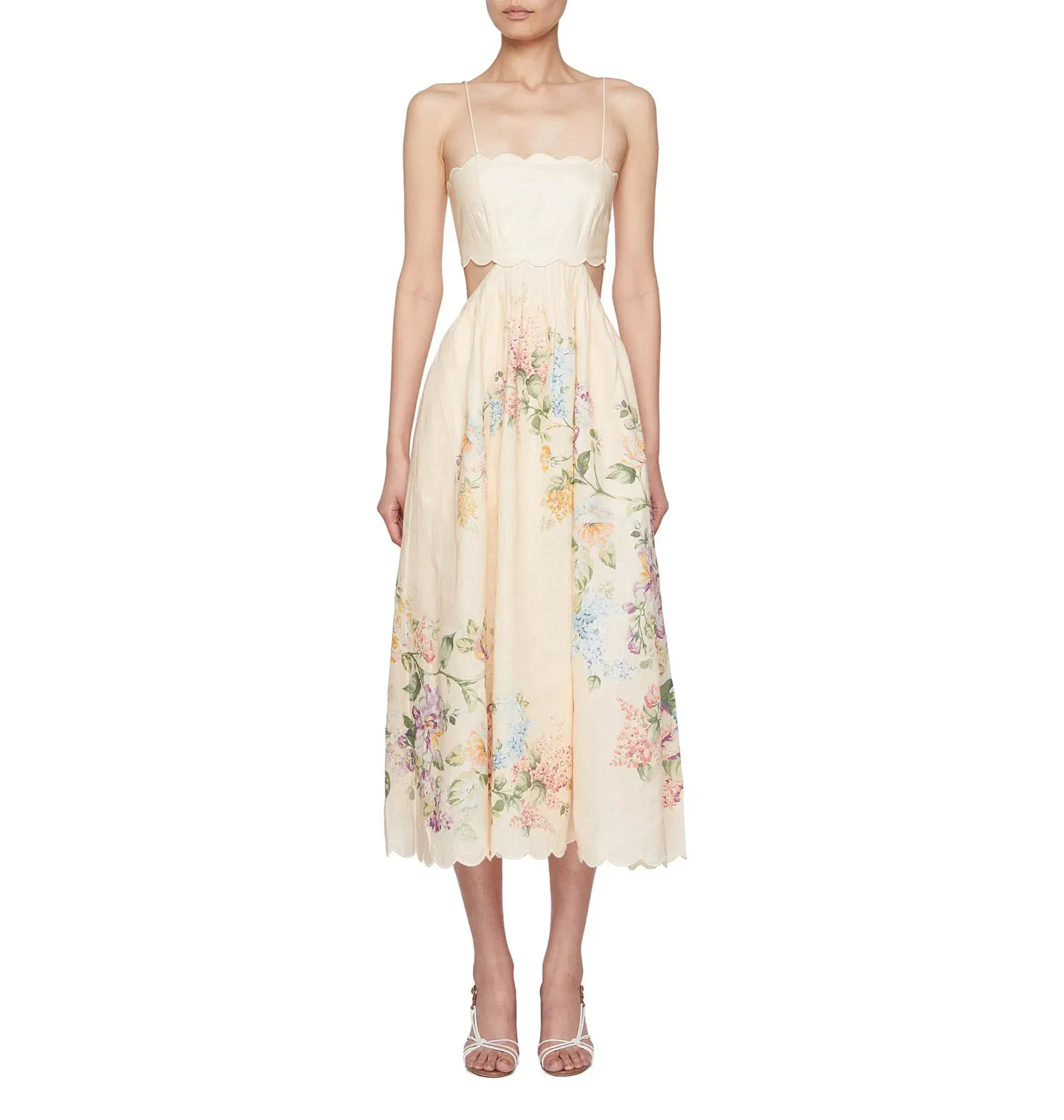 Zimmermann Halliday Scallop Midi Dress In Cream Watercolour Floral Size 3 / AU 14 - Image 2