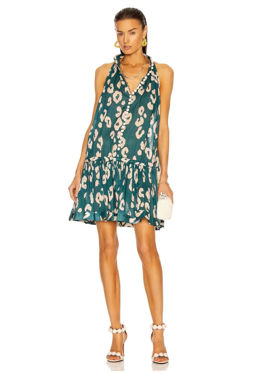 Zimmermann Shelly Swing Gathered Cotton Mini Dress Teal Leopard Print Size 0P / AU 6 / US 2  for rent on The Volte - main image