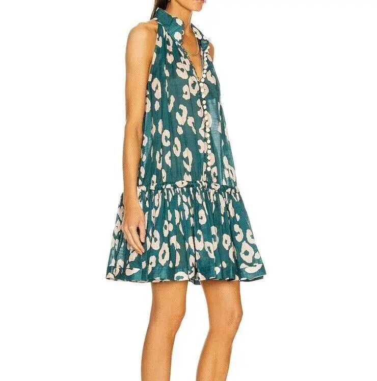 Zimmermann Shelly Swing Gathered Cotton Mini Dress Teal Leopard Print Size 0P / AU 6 / US 2  for rent on The Volte - main image