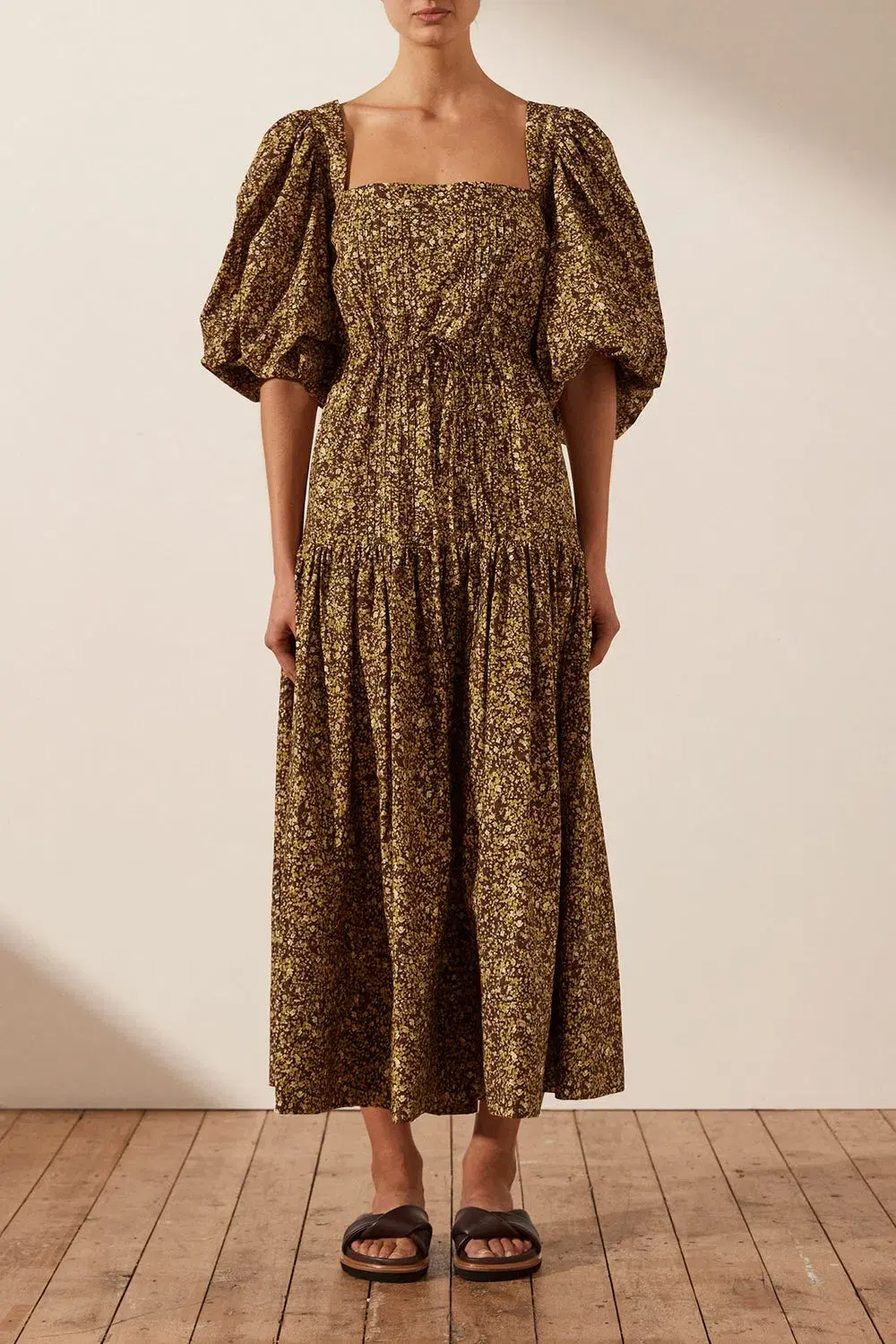 Shona Joy Dress Size 14 -Cross back Lilou Pin Tuck Midi Cotton Mimosa Brown Floral  - Image 1
