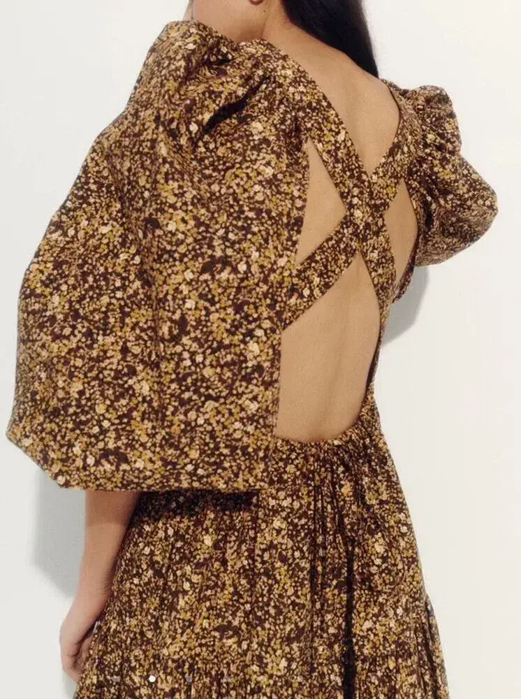 Shona Joy Dress Size 14 -Cross back Lilou Pin Tuck Midi Cotton Mimosa Brown Floral  for rent on The Volte - main image