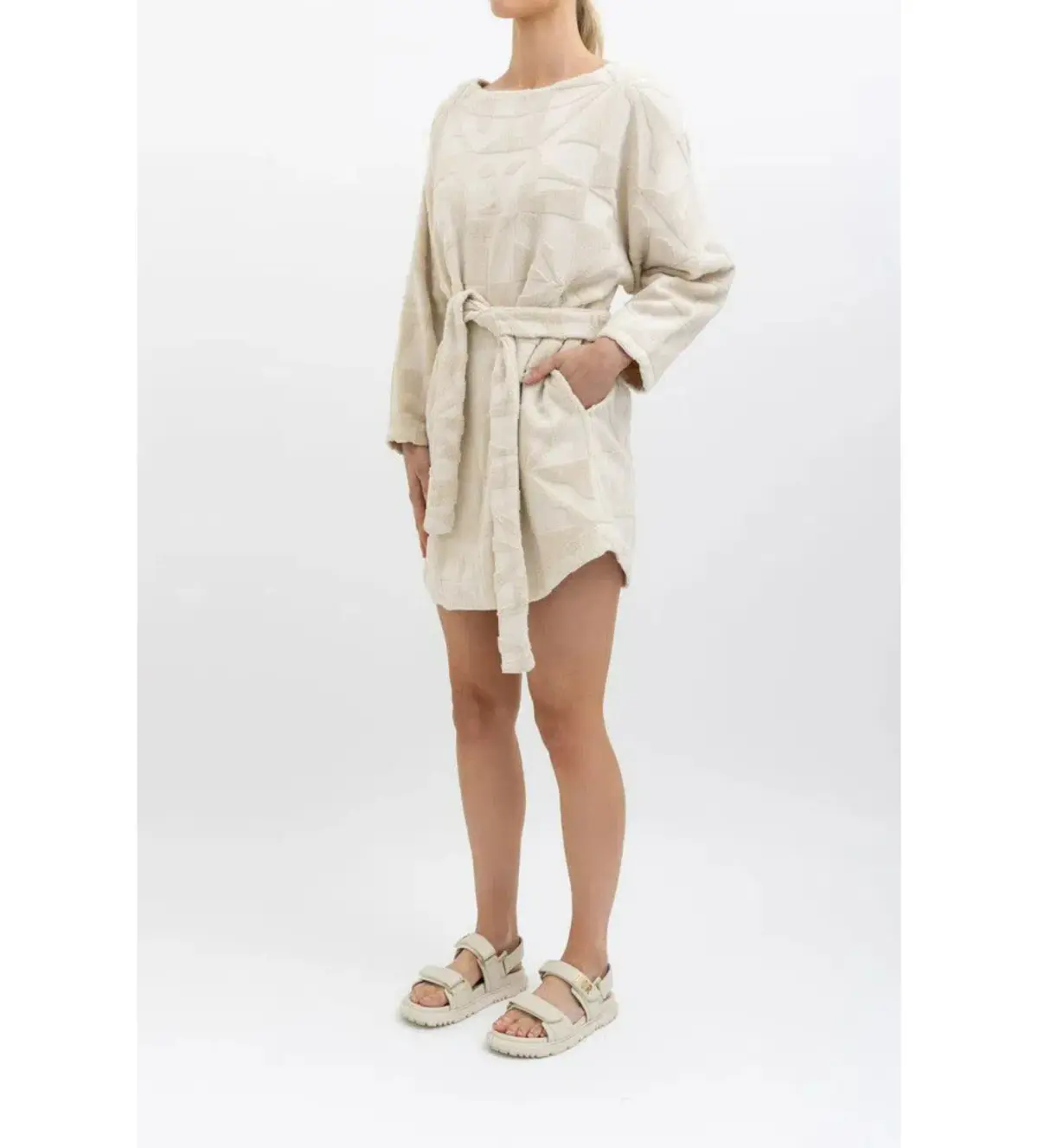 Lucy Folk Towelling Long Sleeve Mini Dress Skyline Ecru Size S / AU 8  - Image 4