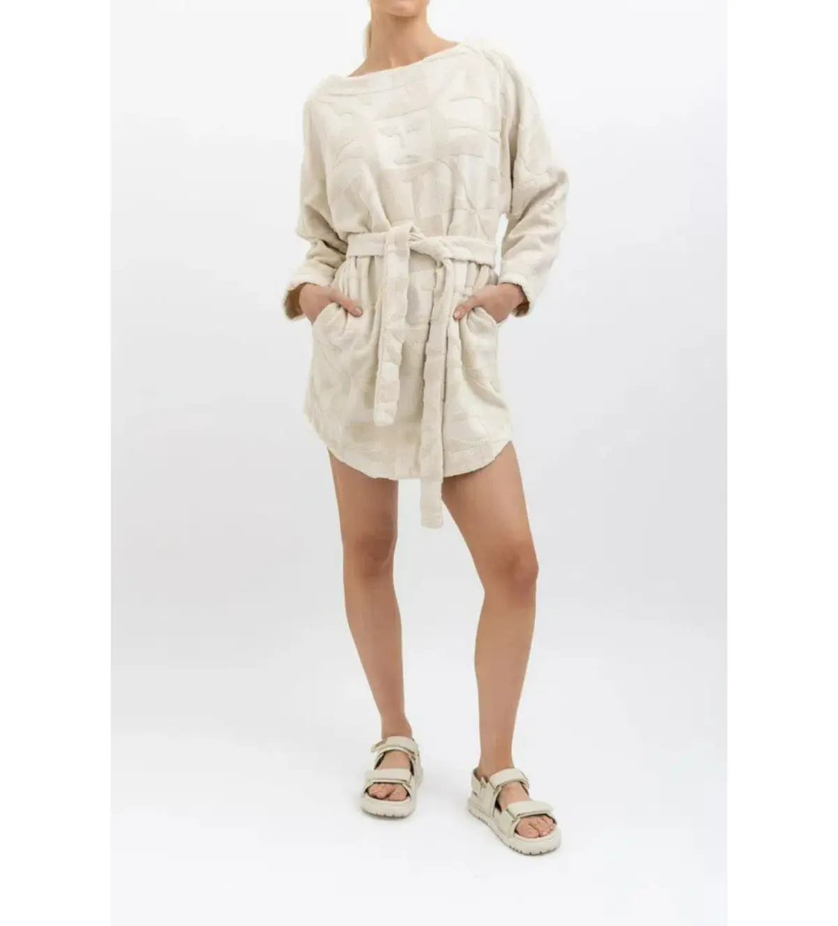 Lucy Folk Towelling Long Sleeve Mini Dress Skyline Ecru Size S / AU 8  - Image 1