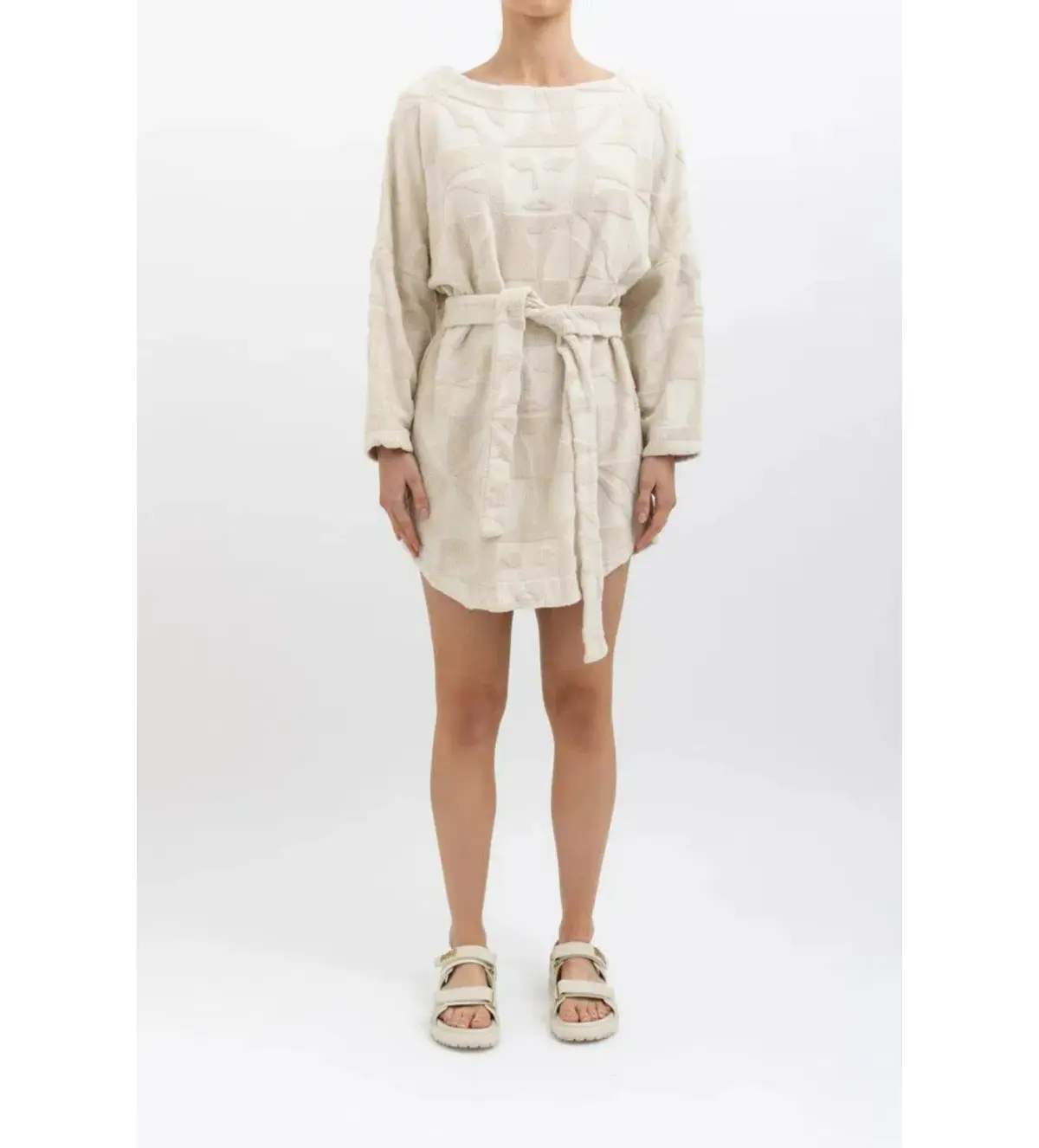 Lucy Folk Towelling Long Sleeve Mini Dress Skyline Ecru Size S / AU 8  - Image 2