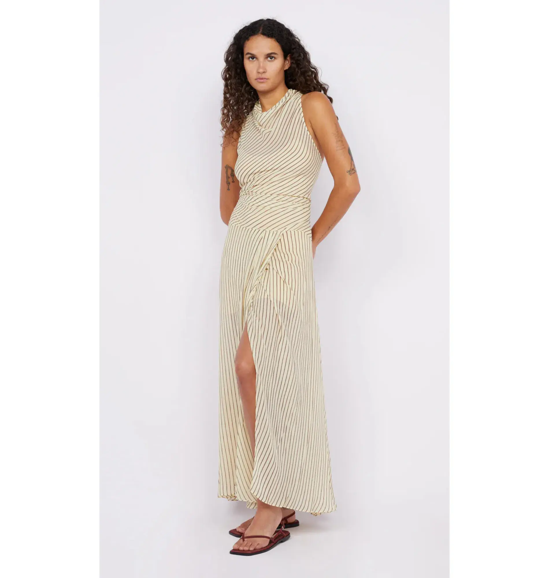 Bec & Bridge Anise High Neck Dress in Butter/Plum Stripe Size AU 8 - Image 3