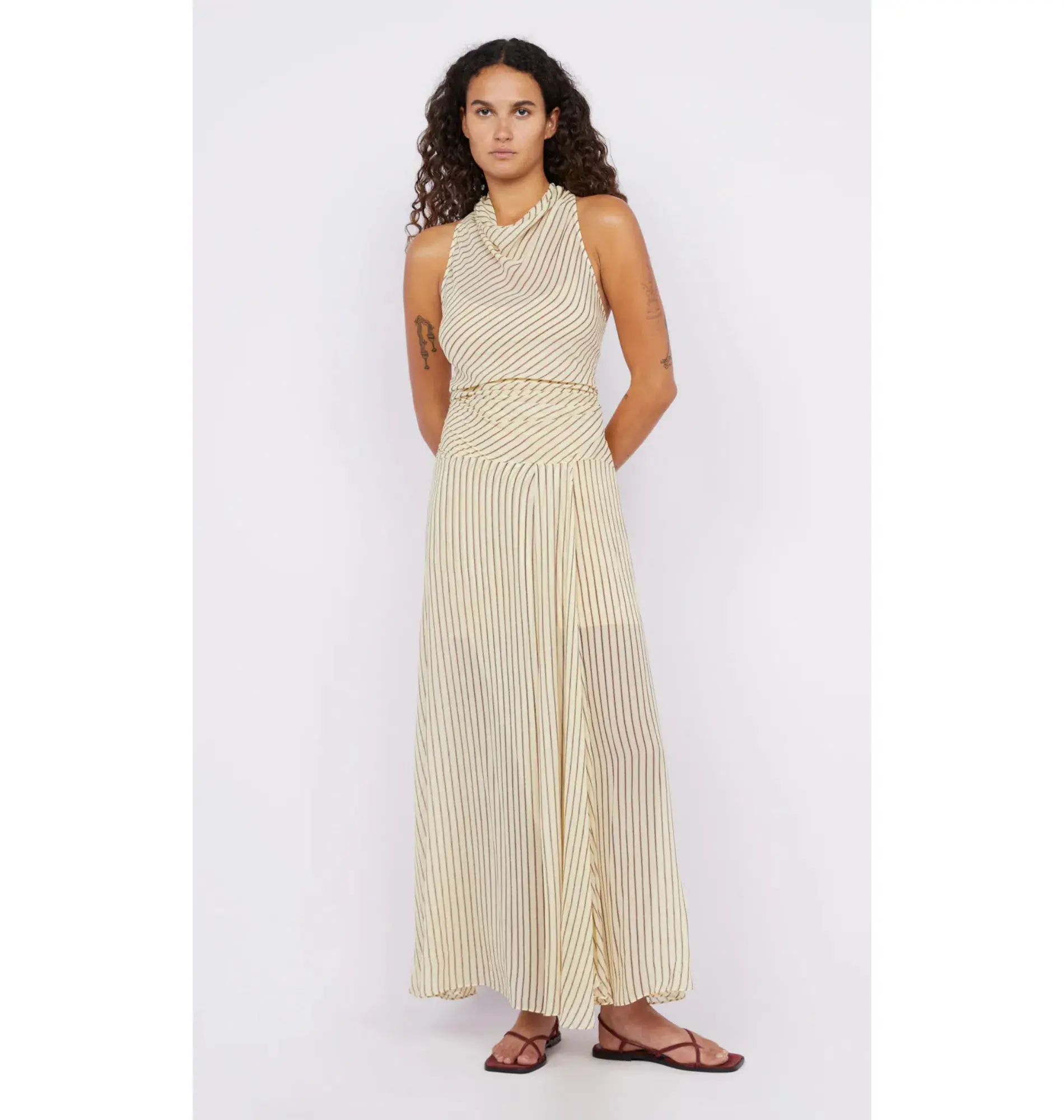 Bec & Bridge Anise High Neck Dress in Butter/Plum Stripe Size AU 8 - Image 1