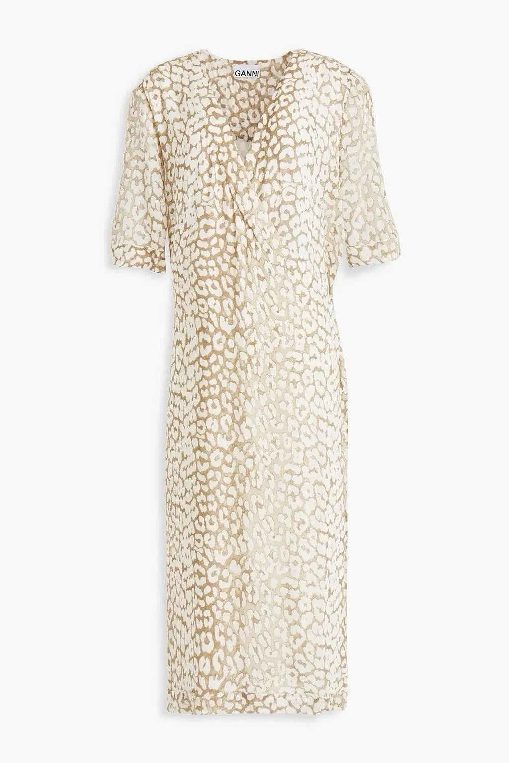 Ganni Leopard Print Crepe Midi Wrap Dress Neutrals Size 36 /  AU 8 for rent on The Volte - main image