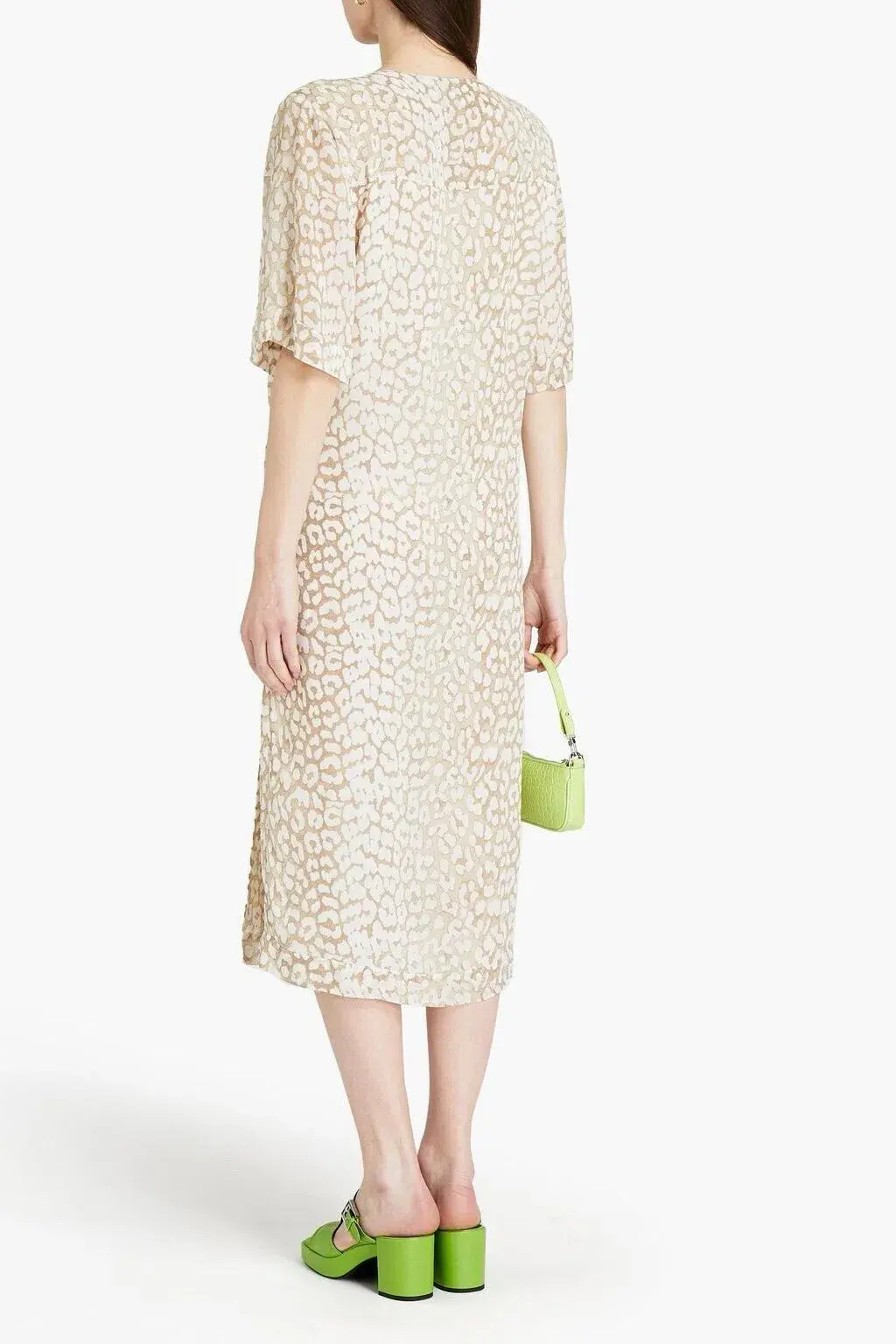 Ganni Leopard Print Crepe Midi Wrap Dress Neutrals Size 36 /  AU 8 for rent on The Volte - main image
