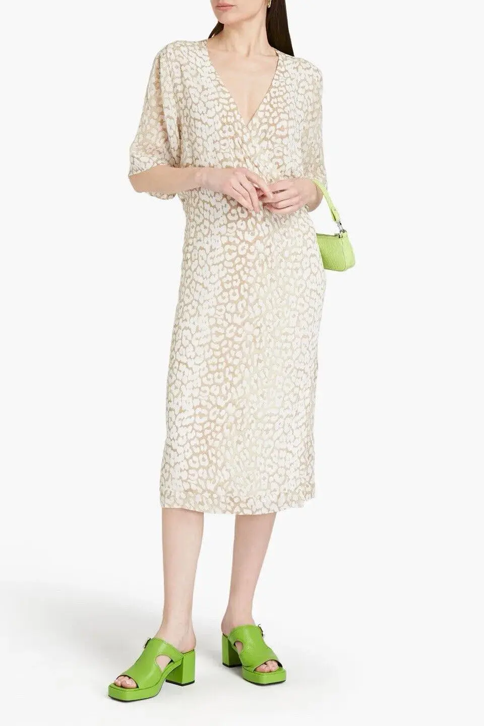 Ganni Leopard Print Crepe Midi Wrap Dress Neutrals Size 36 /  AU 8 for rent on The Volte - main image