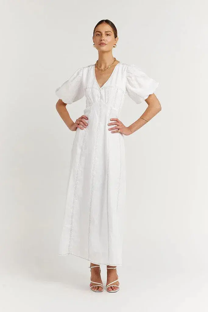 Dissh Chai Linen Panelled Puff Sleeve Midi Dress Off White ivory Size M / AU 10  - Image 1