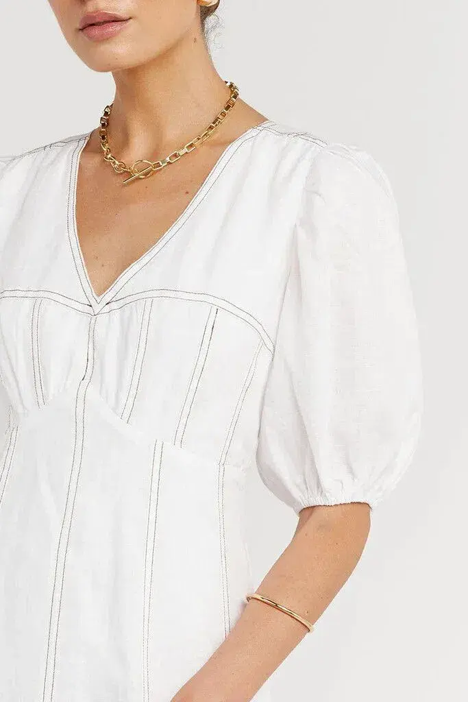 Dissh Chai Linen Panelled Puff Sleeve Midi Dress Off White ivory Size M / AU 10  - Image 2