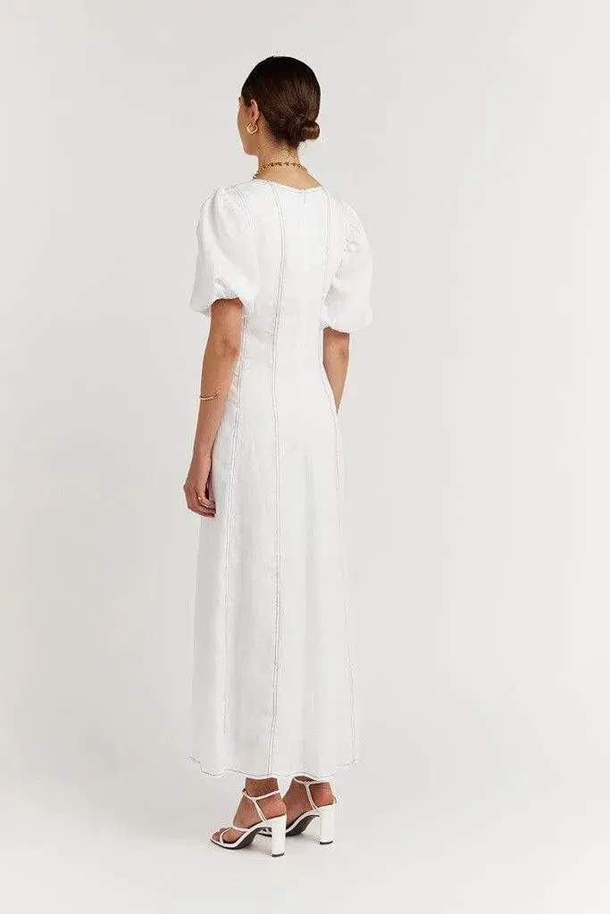 Dissh Chai Linen Panelled Puff Sleeve Midi Dress Off White ivory Size M / AU 10  - Image 3