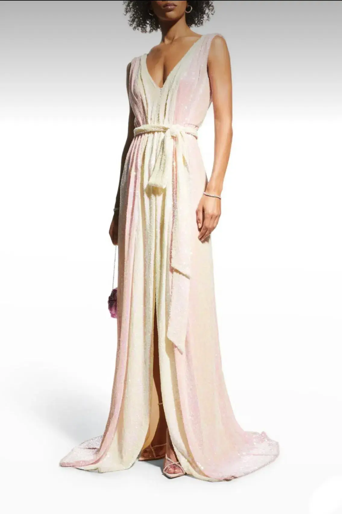 Badgley Mischka Two Tone V-Neck Sequin Long Gown Pink and Lemon Size AU 8 - Image 6
