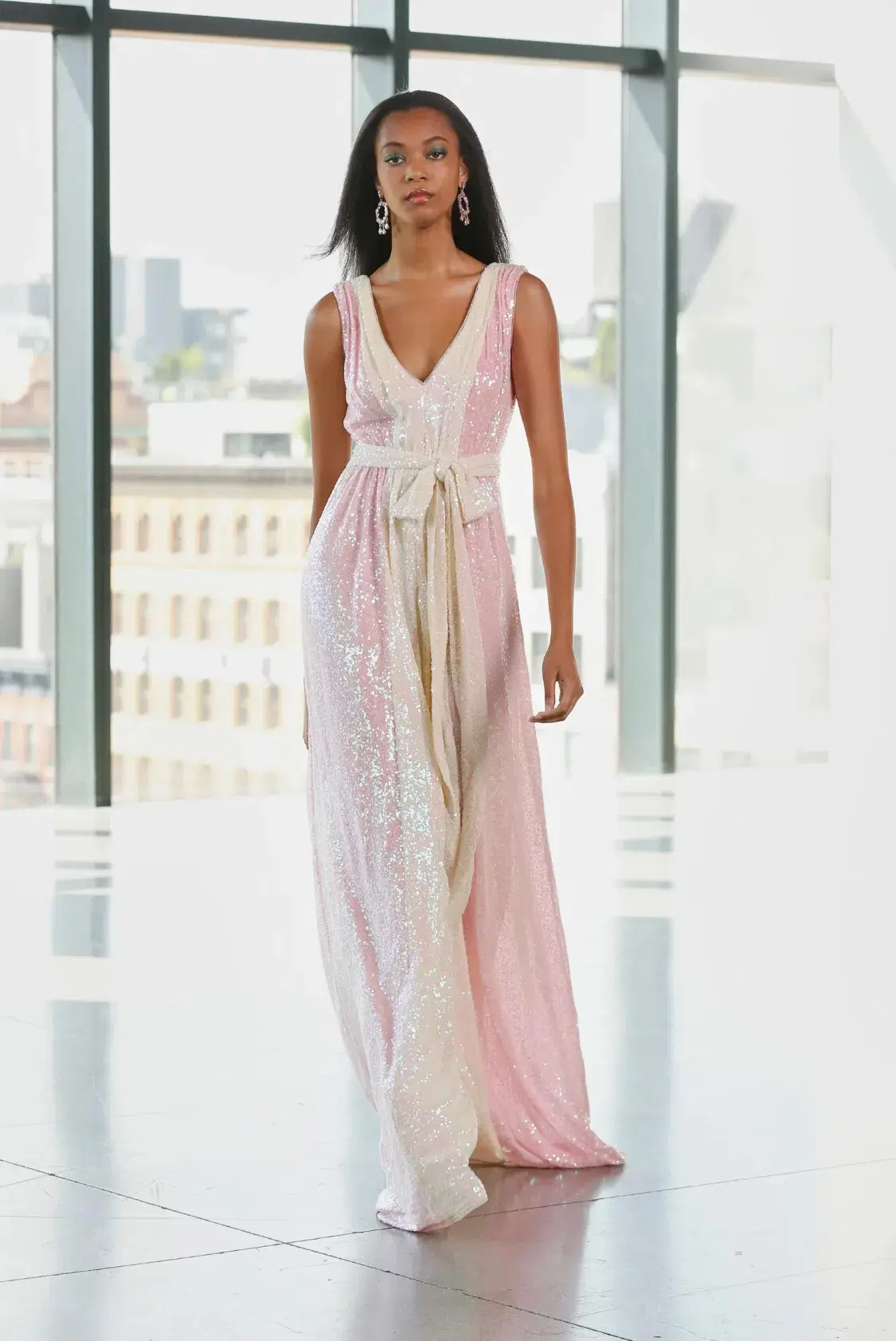 Badgley Mischka Two Tone V-Neck Sequin Long Gown Pink and Lemon Size AU 8 - Image 4