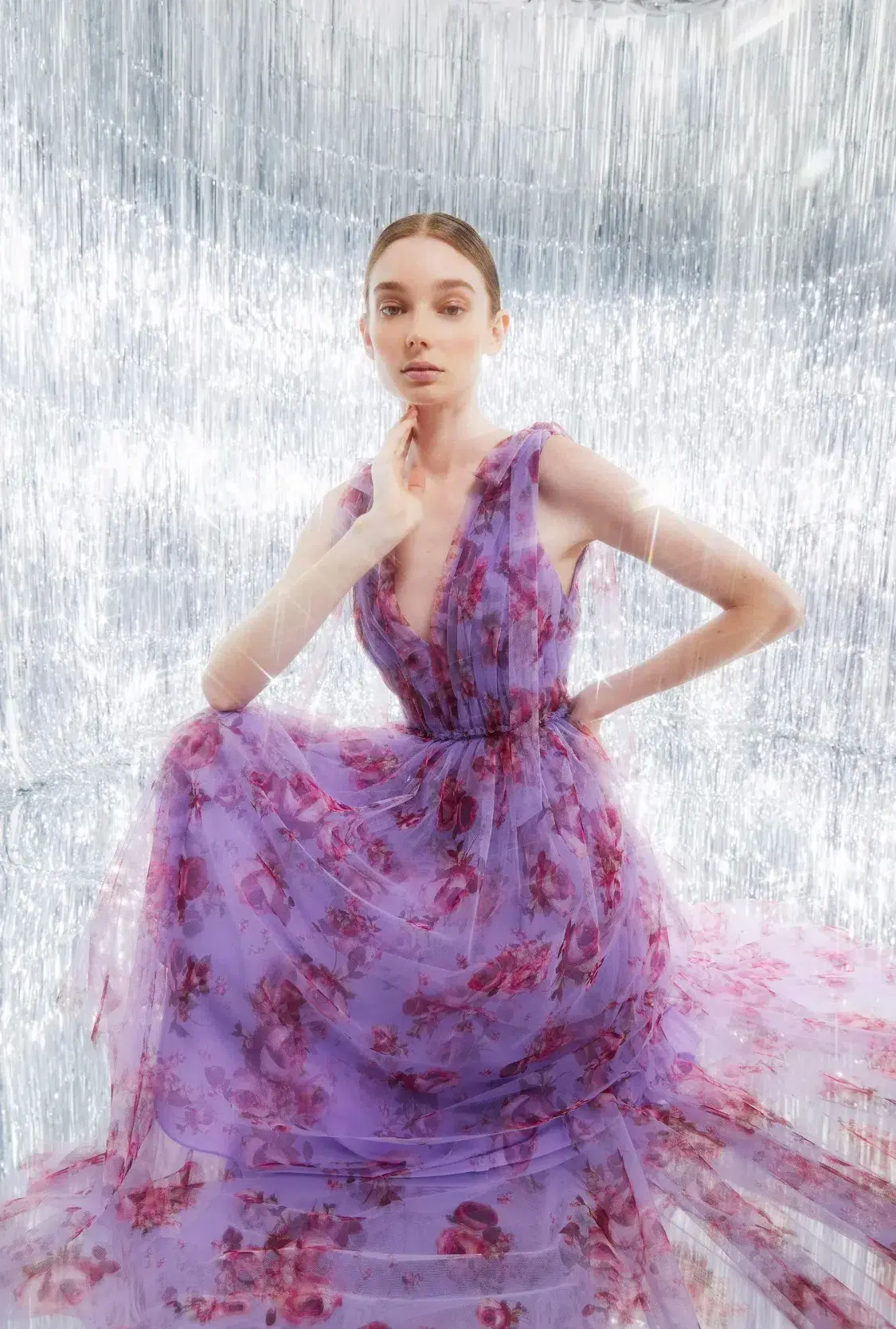 Lela Rose Floral Tiered Tulle Dress Purple Size AU 14 - Image 1