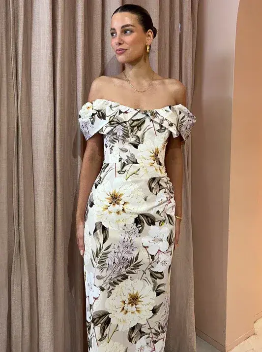 Sofia The Label Hailey Off Shoulder Midi Dress In Flora Print Size 6 for rent on The Volte - main image