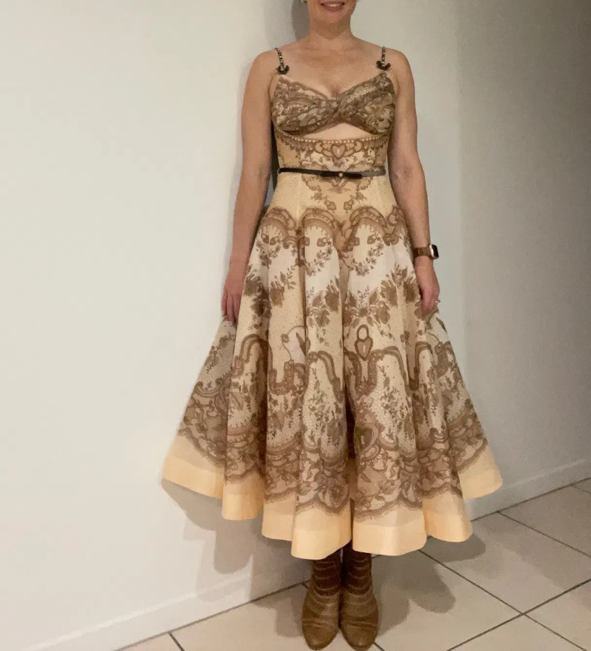 Zimmermann Crush Twist Front Midi Dress Peach Lace Size 1/AU 10 - Image 1