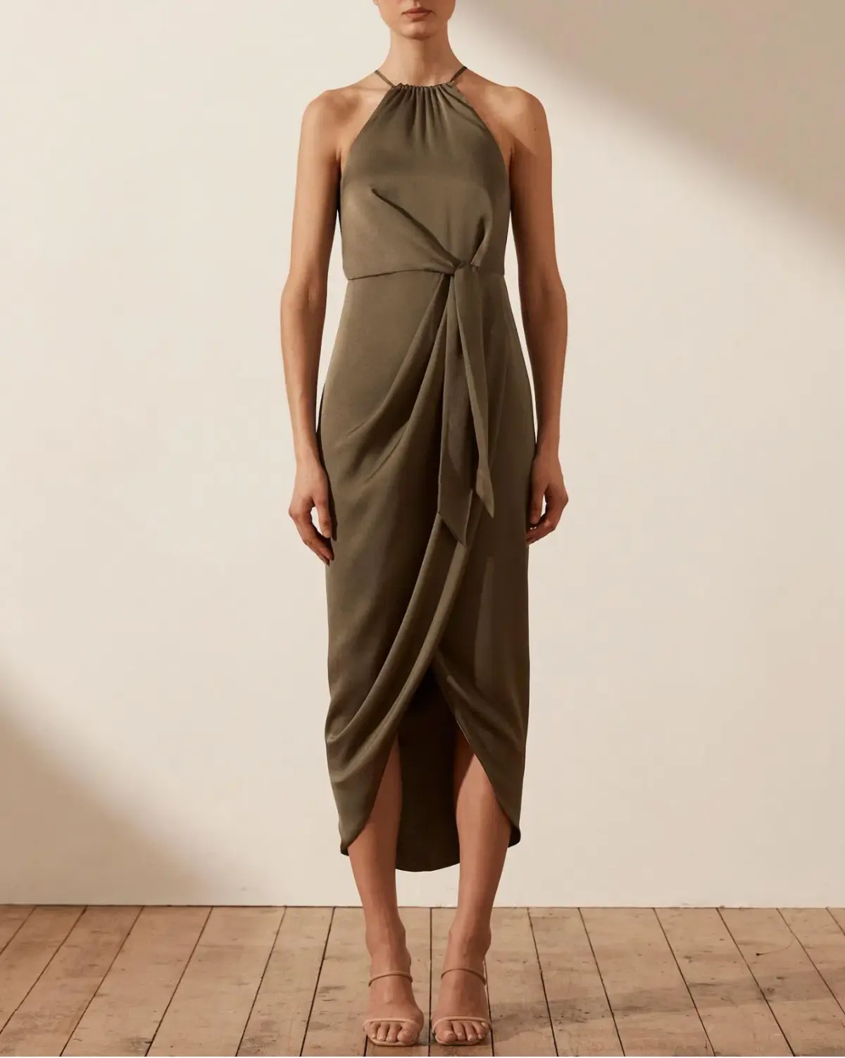 Shona Joy Luxe Tie Front Sleeveless Midi Dress Pine Valley Size 6 - Image 1
