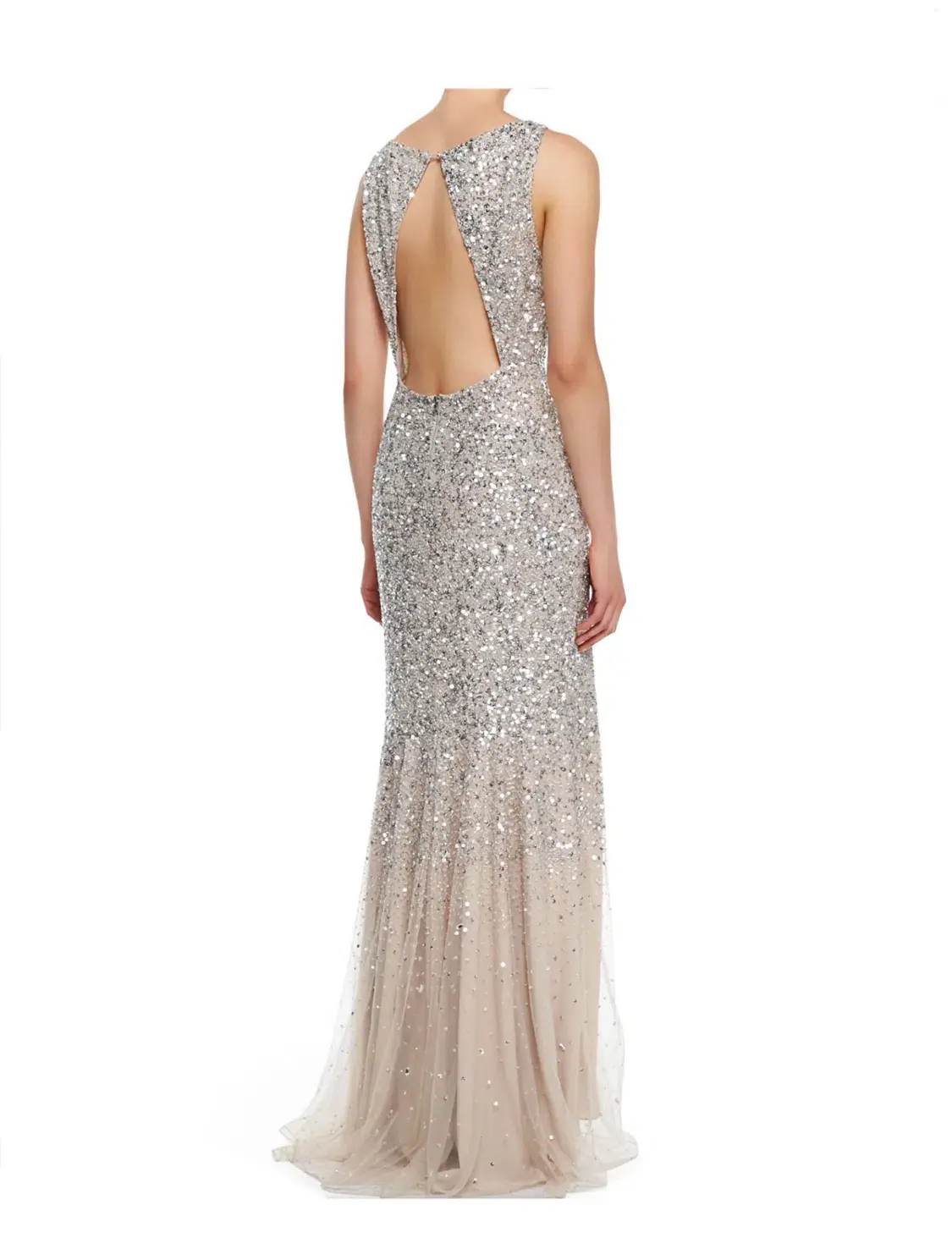 Alice + Olivia Saba Sleeveless Beaded Mesh Gown Silver Sequins on Nude Lining Size AU 4  - Image 2