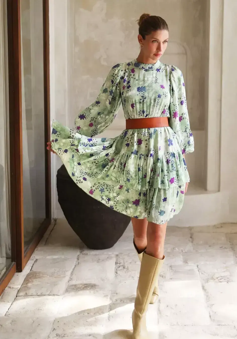 Frank & Dollys Viamo Cascade Floral Satin Dress in Sage Size XXS / 6 for rent on The Volte - main image