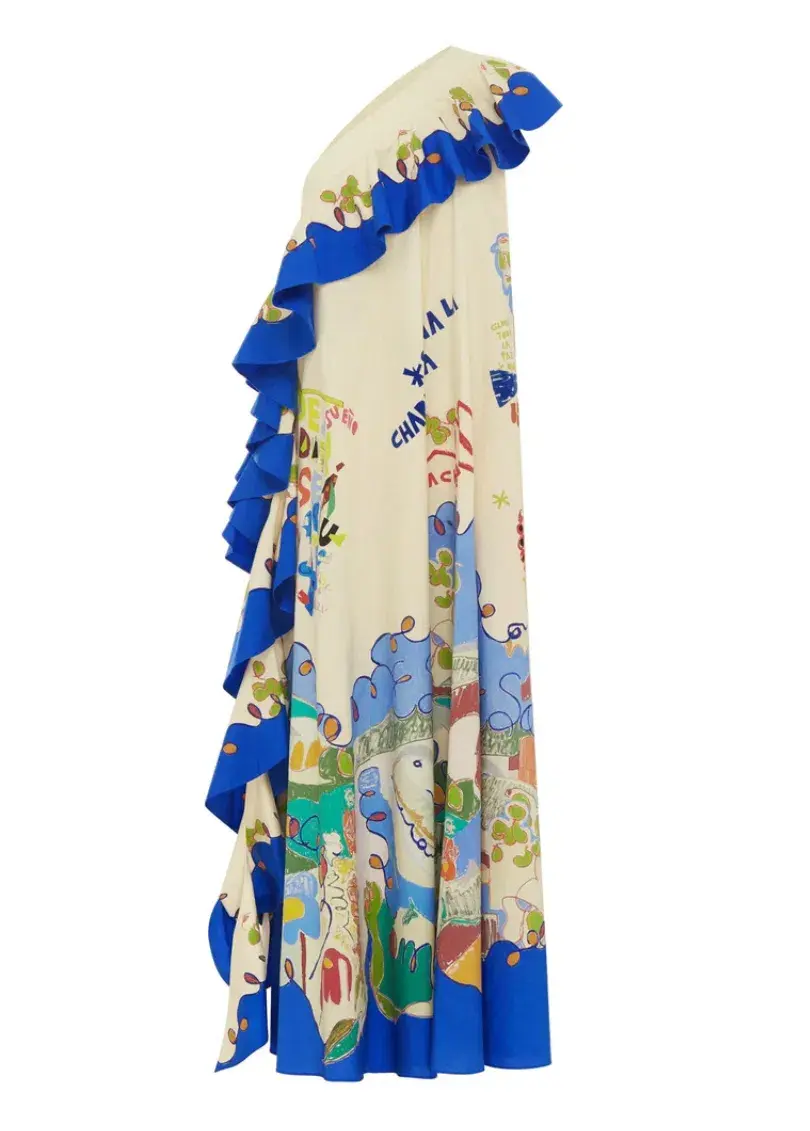 Alemais Nadia One Shoulder Ruffle Dress Blue White Size 12 - Image 6